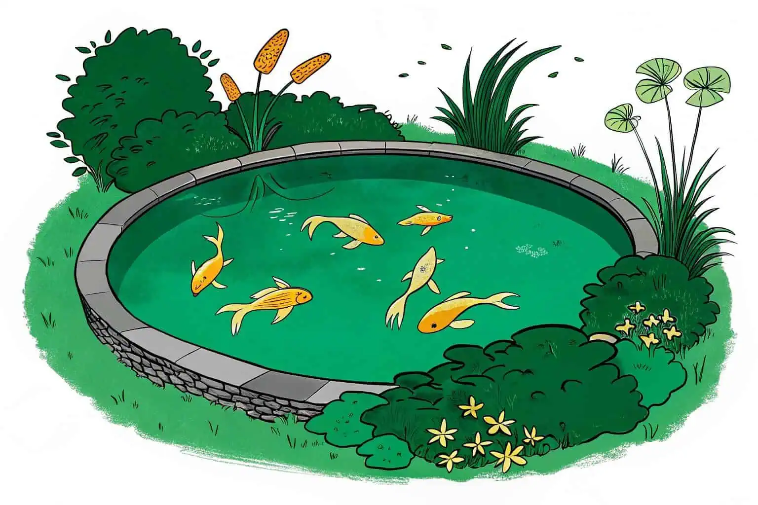 Fish swimming comfortably in a moderately sized backyard pond