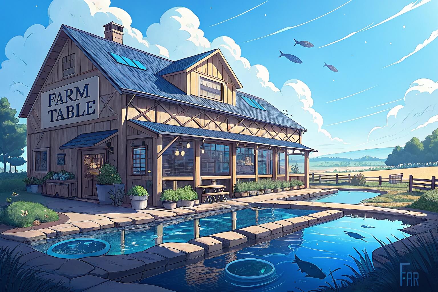 Fish farm tanks next to a rustic restaurant building