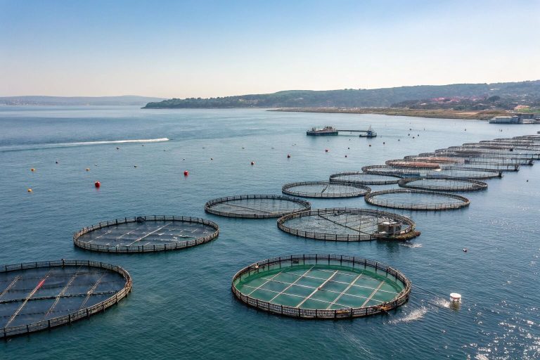 Photo of salmon cages in the ocean or shrimp ponds