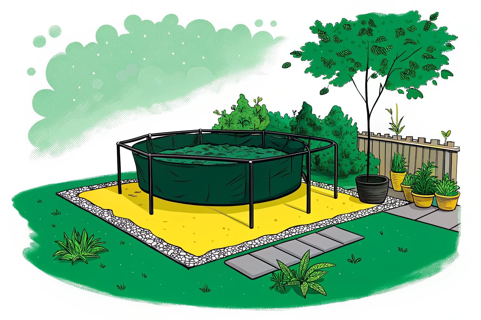 A Bancy collapsible PVC fish tank set up in a backyard garden