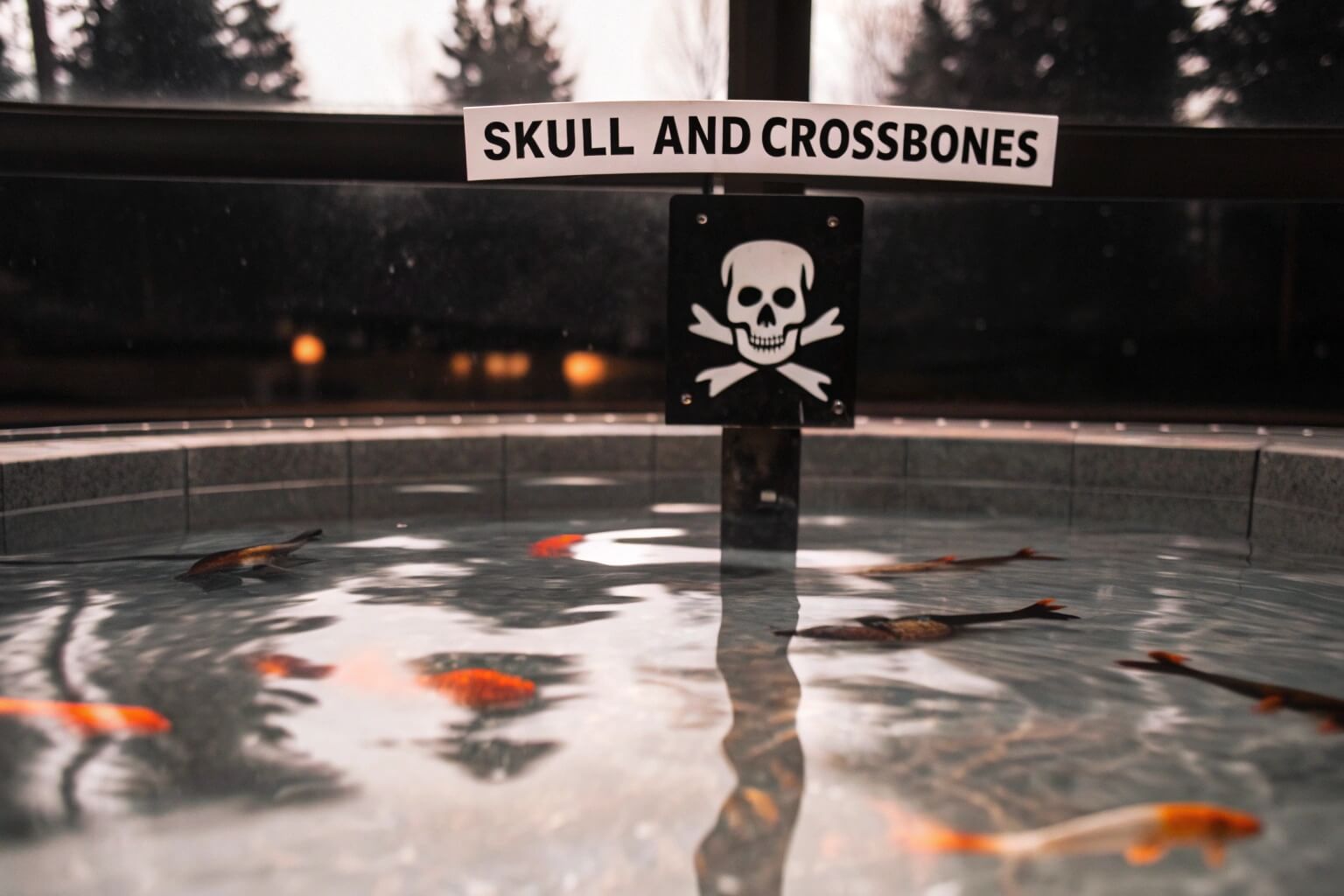 Skull and crossbones symbol over a fish pond