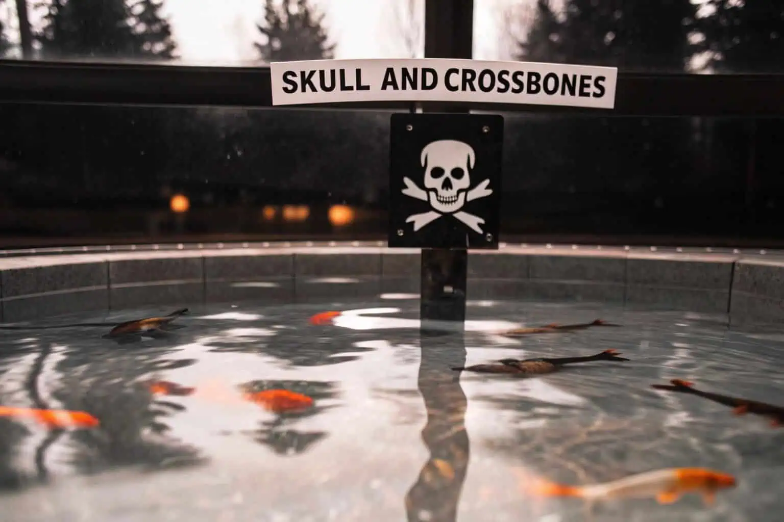 Skull and crossbones symbol over a fish pond