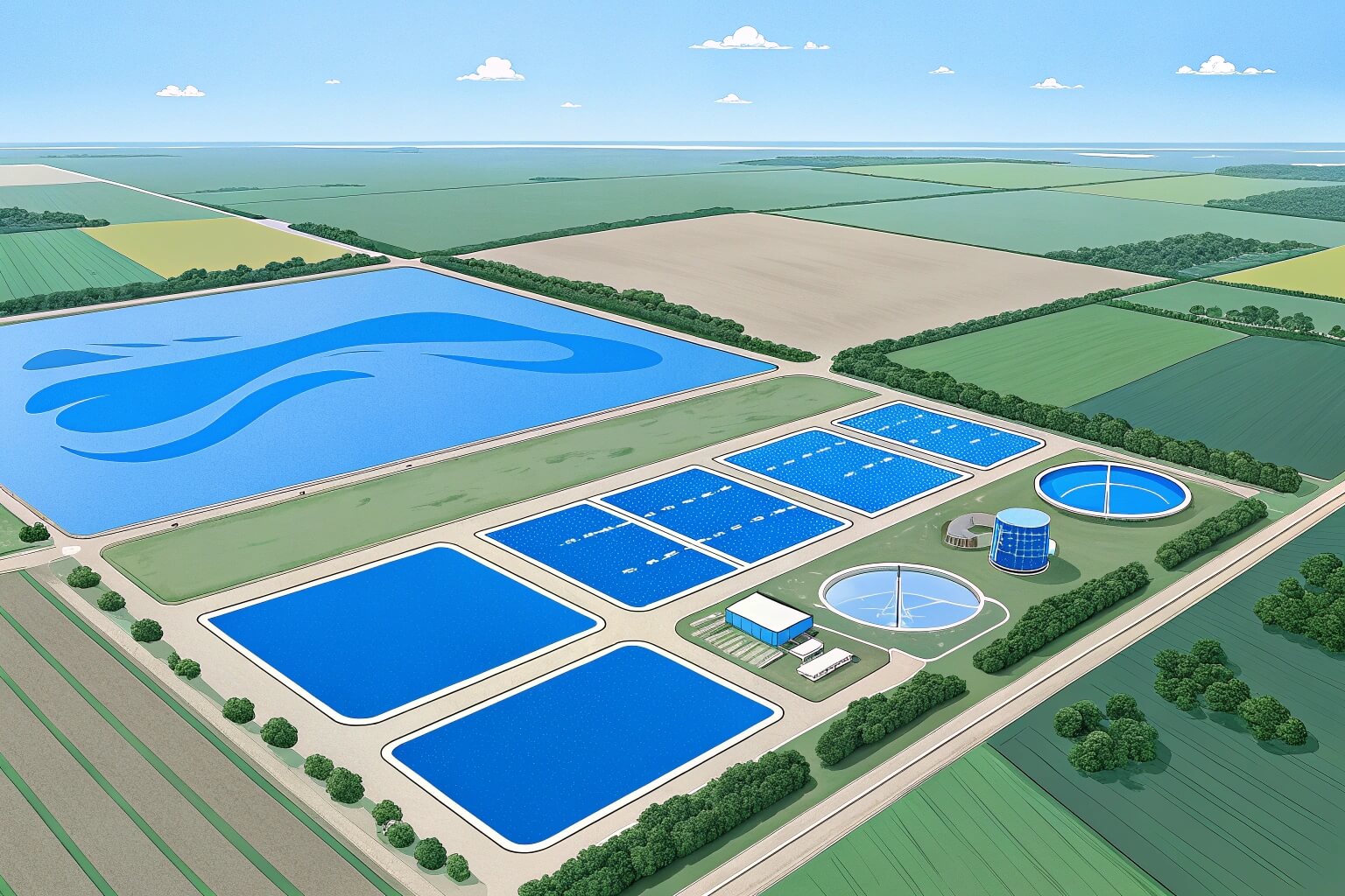 Aerial view of different sized ponds