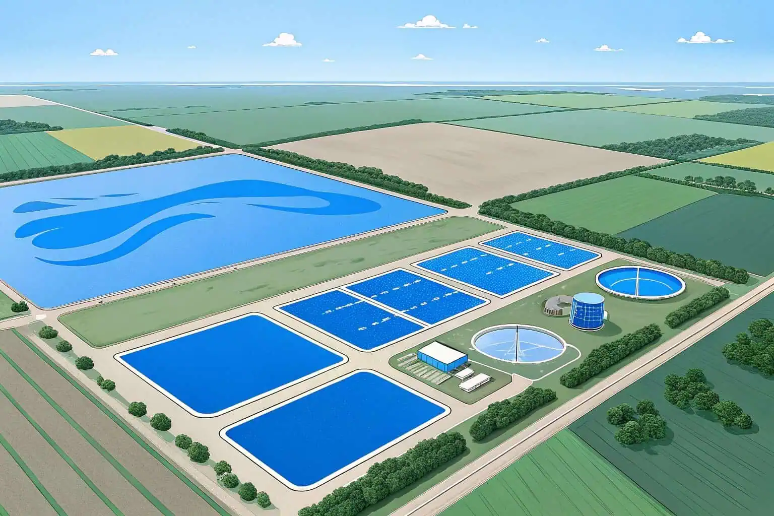 Aerial view of different sized ponds
