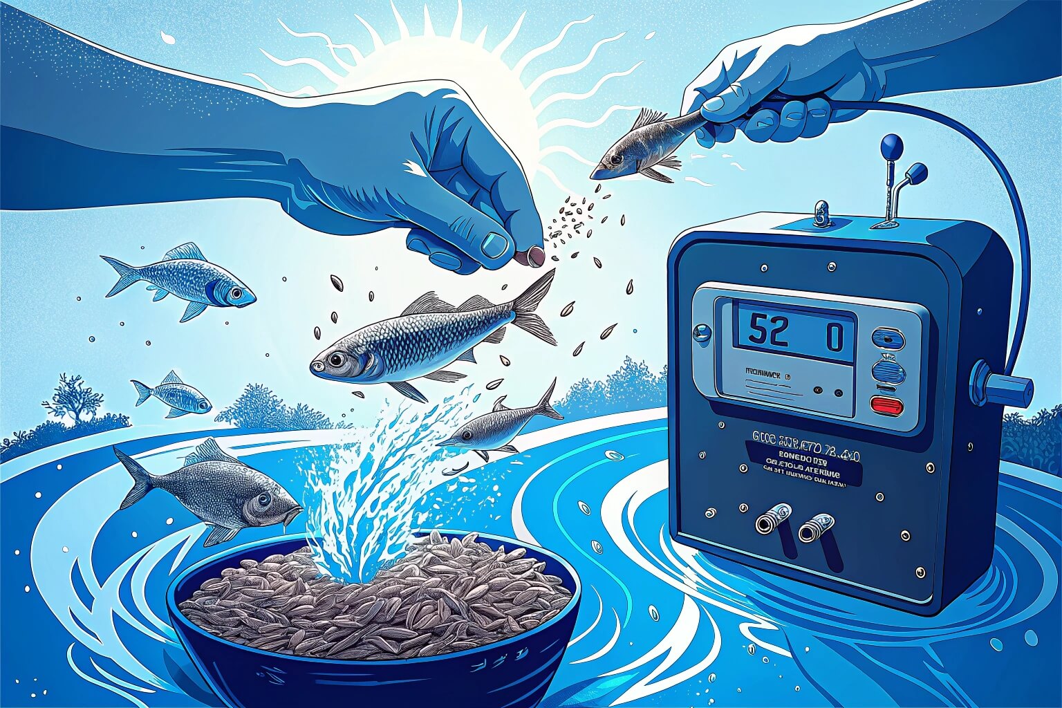 Close-up of fish feed pellets and aeration system in a tank