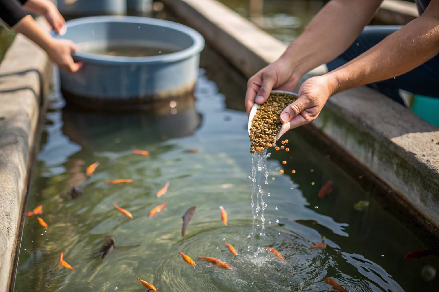 Close-up of fish being fed in an aquaculture tank