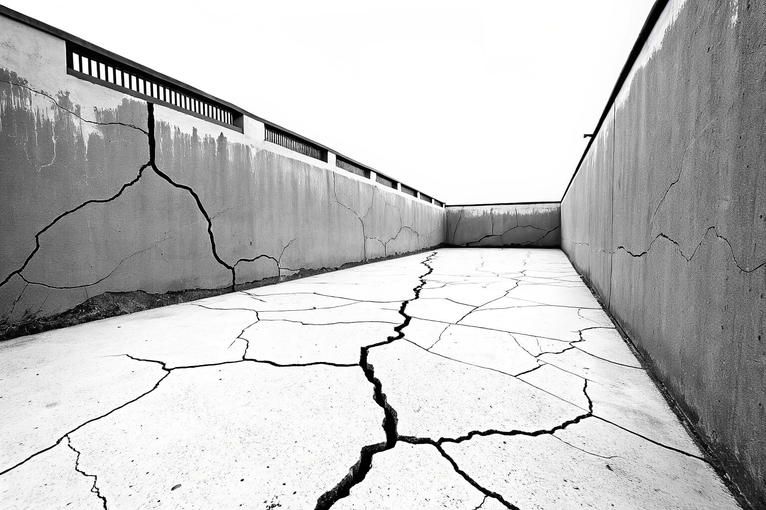 Cracks appearing on the wall of an old cement fish pond