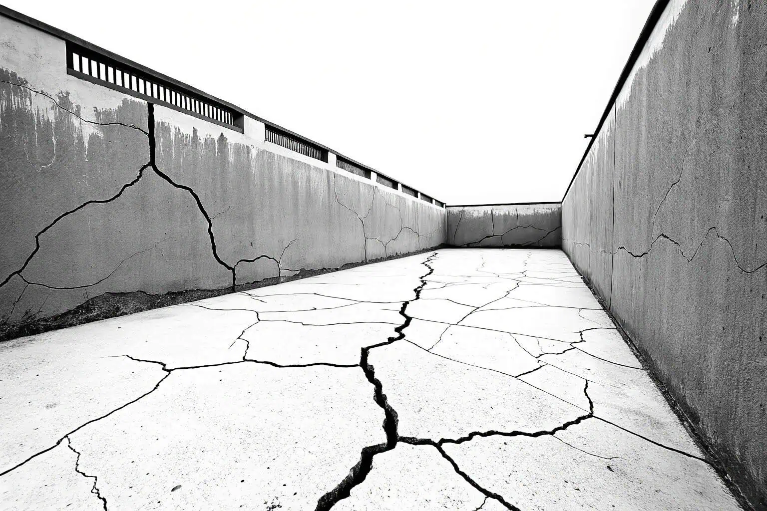 Cracks appearing on the wall of an old cement fish pond