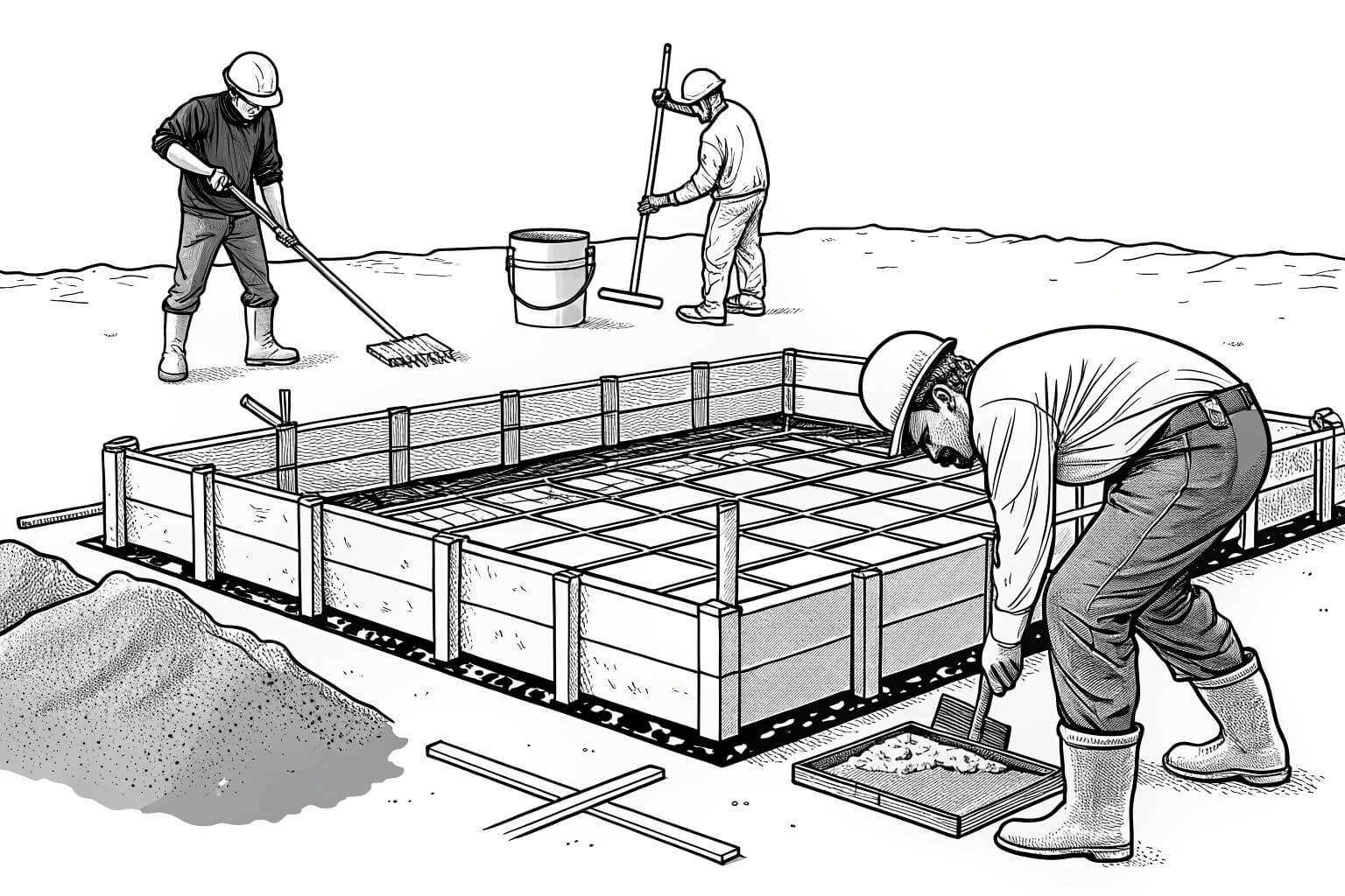 Construction site showing forms for a cement fish pond