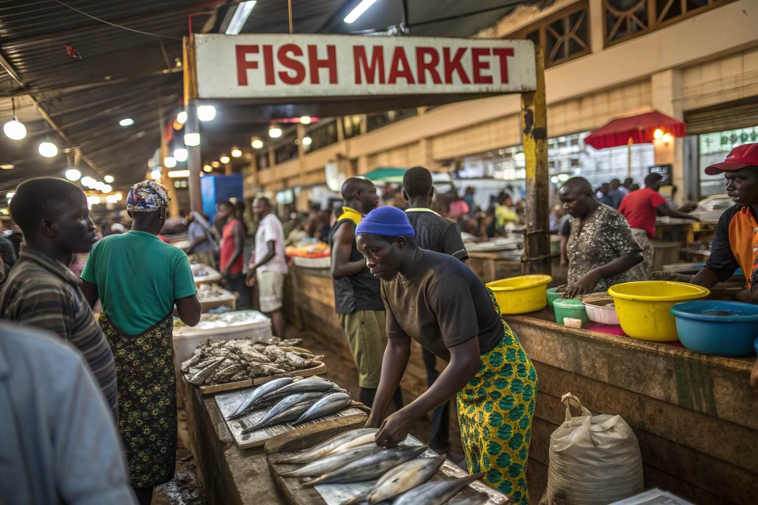 Freshly harvested catfish being weighed or sold at a market