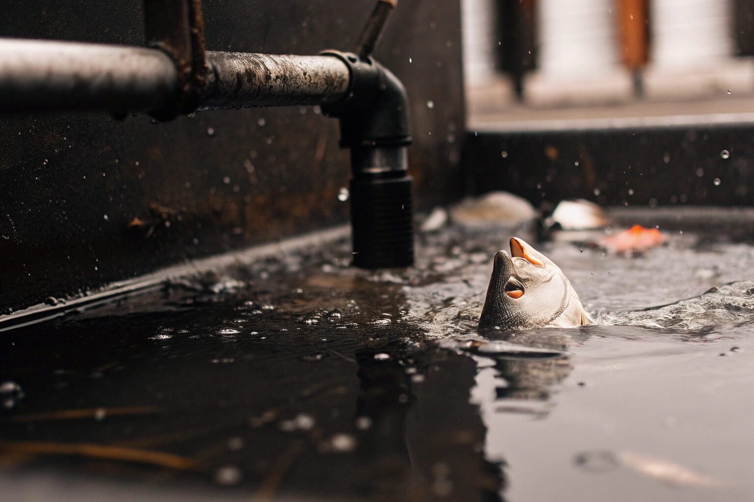 Fish gasping in cloudy water near a tap