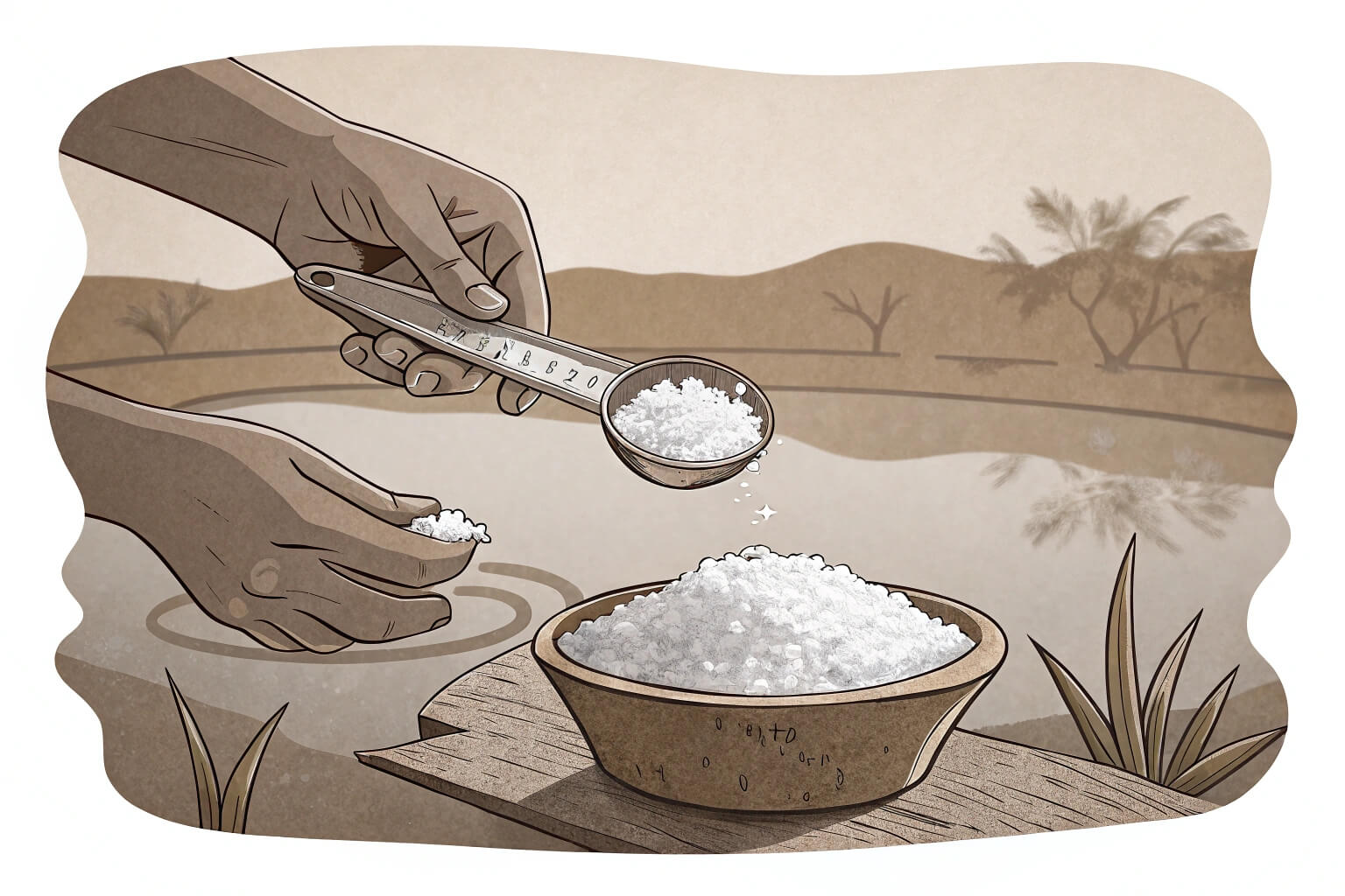 Person carefully measuring salt before adding to pond