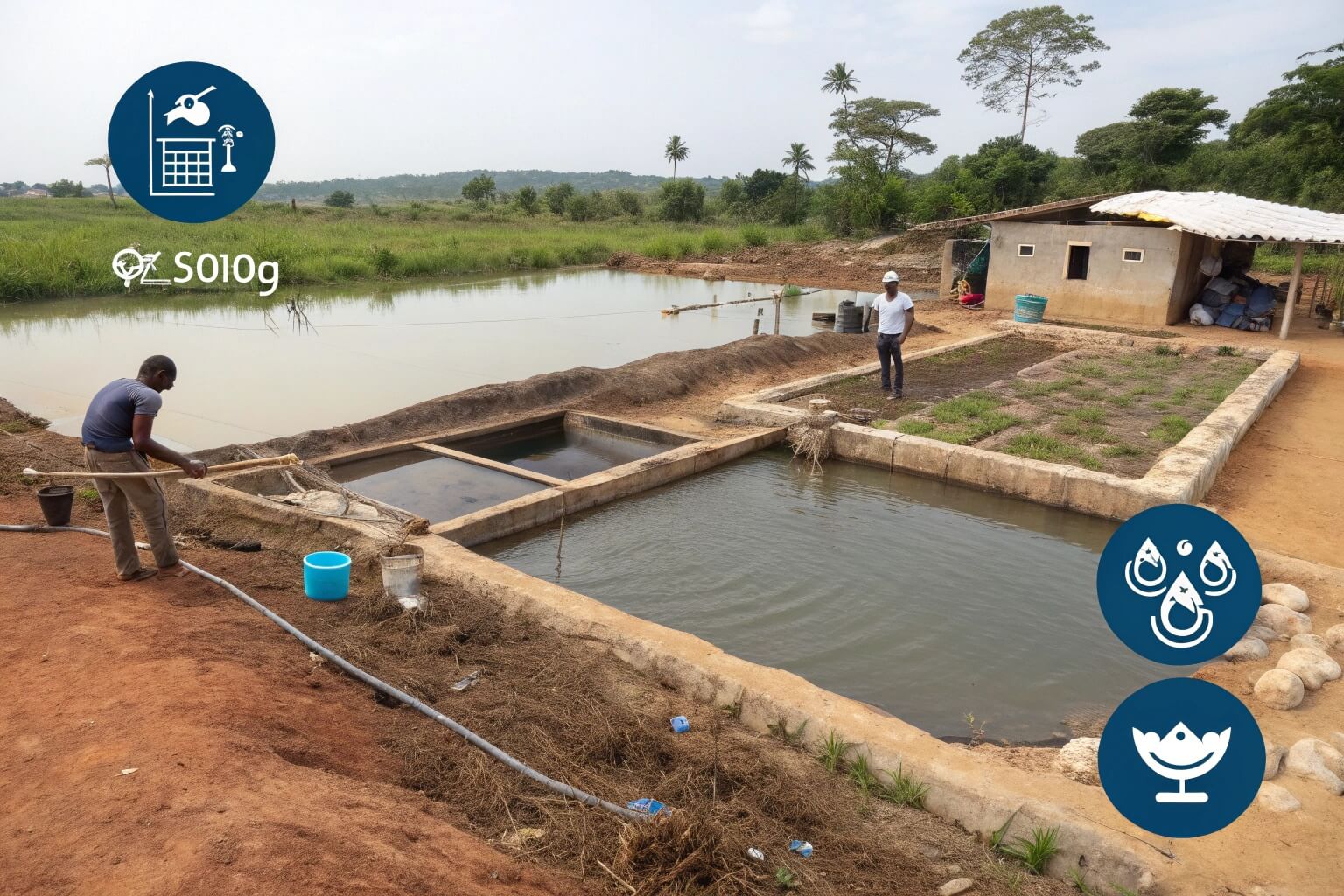 Various fish farming startup elements like tanks, feed, fingerlings