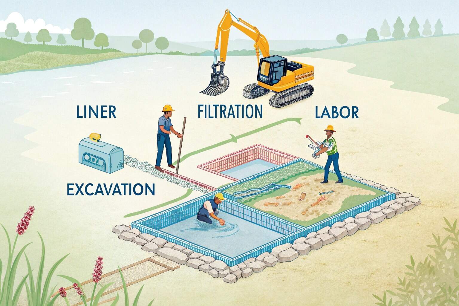 Diagram showing cost breakdown for a typical fish pond construction