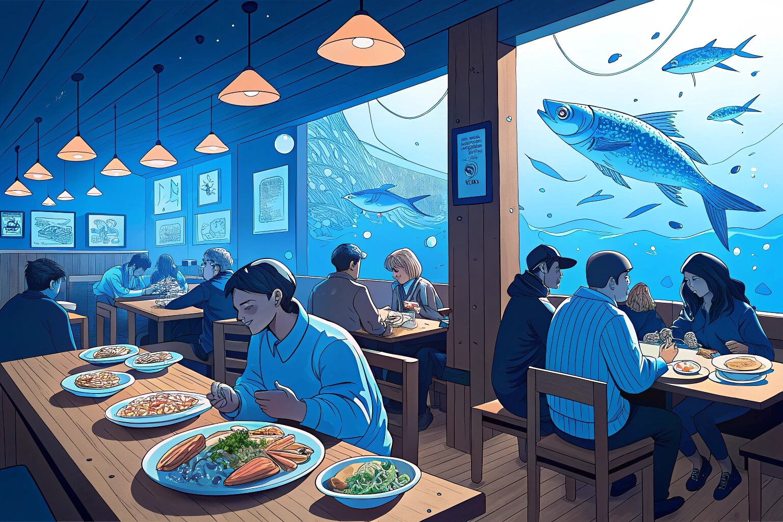 Busy fish restaurant interior with happy diners
