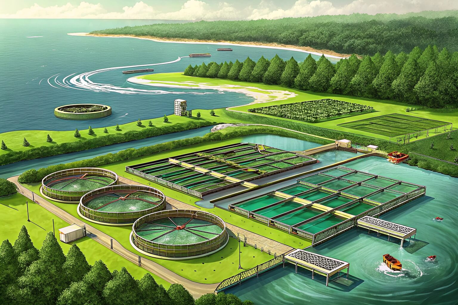 Diagram showing different aquaculture methods like ponds, cages, and tanks