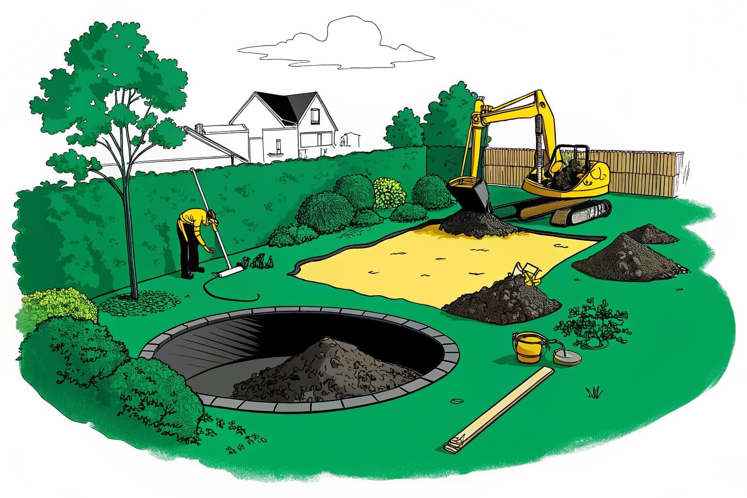 Overview of fish pond construction showing digging and liner placement