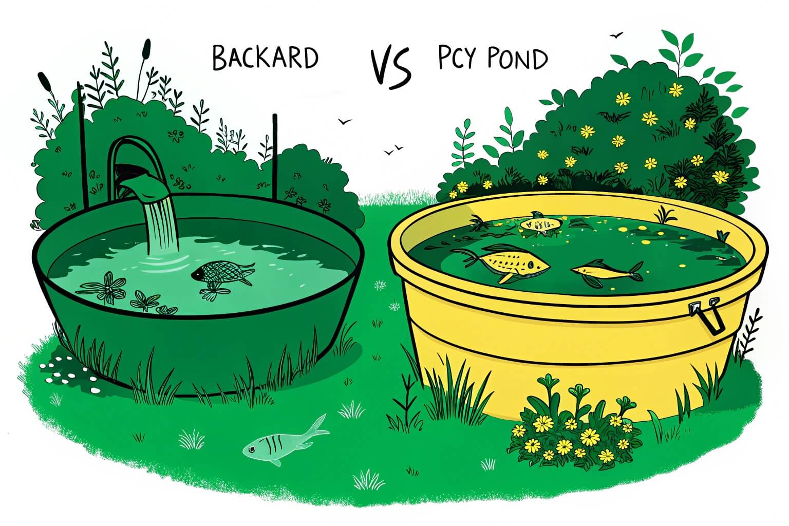 Comparison of different sized fish ponds, from small tub to large earth pond