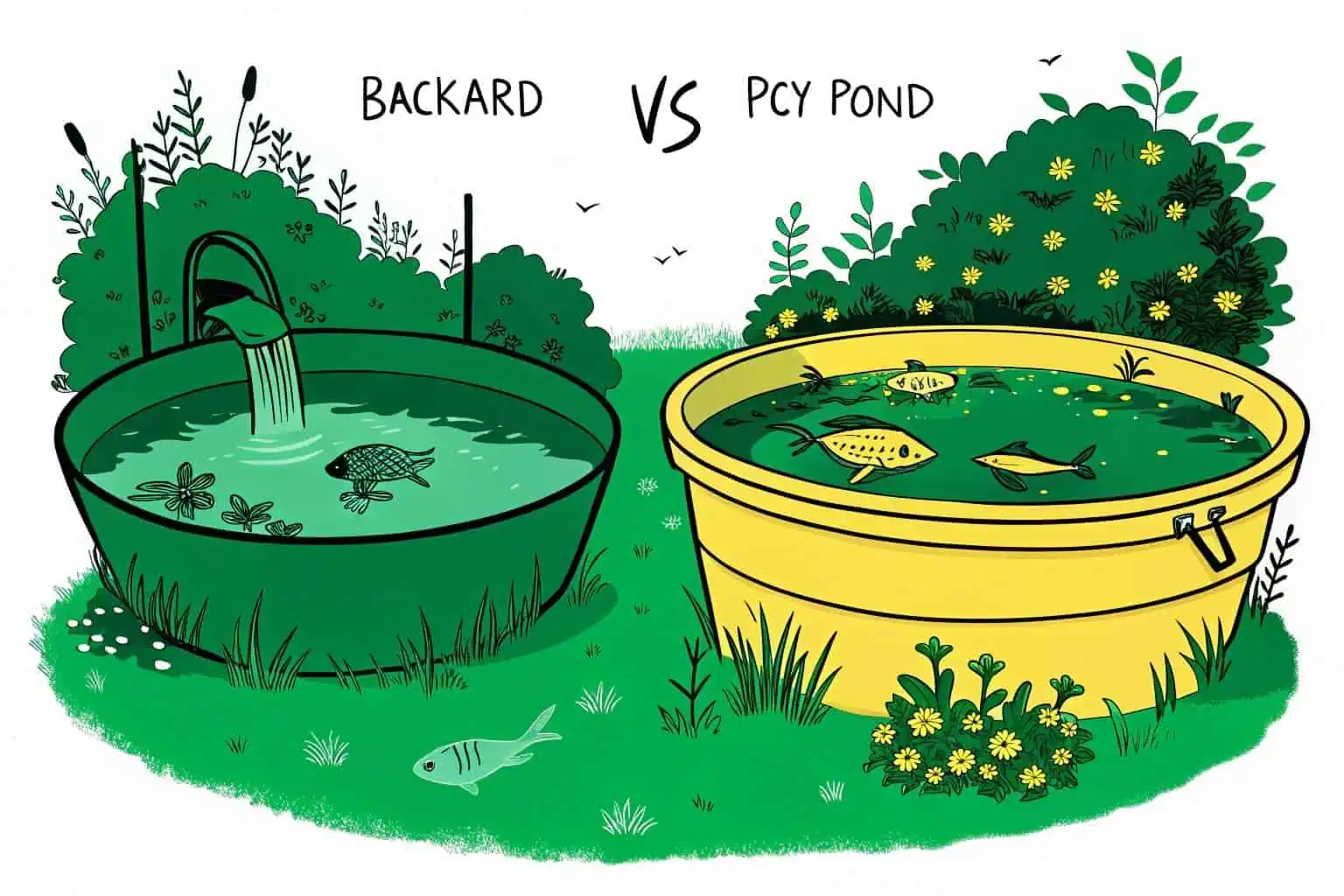 Comparison of different sized fish ponds, from small tub to large earth pond
