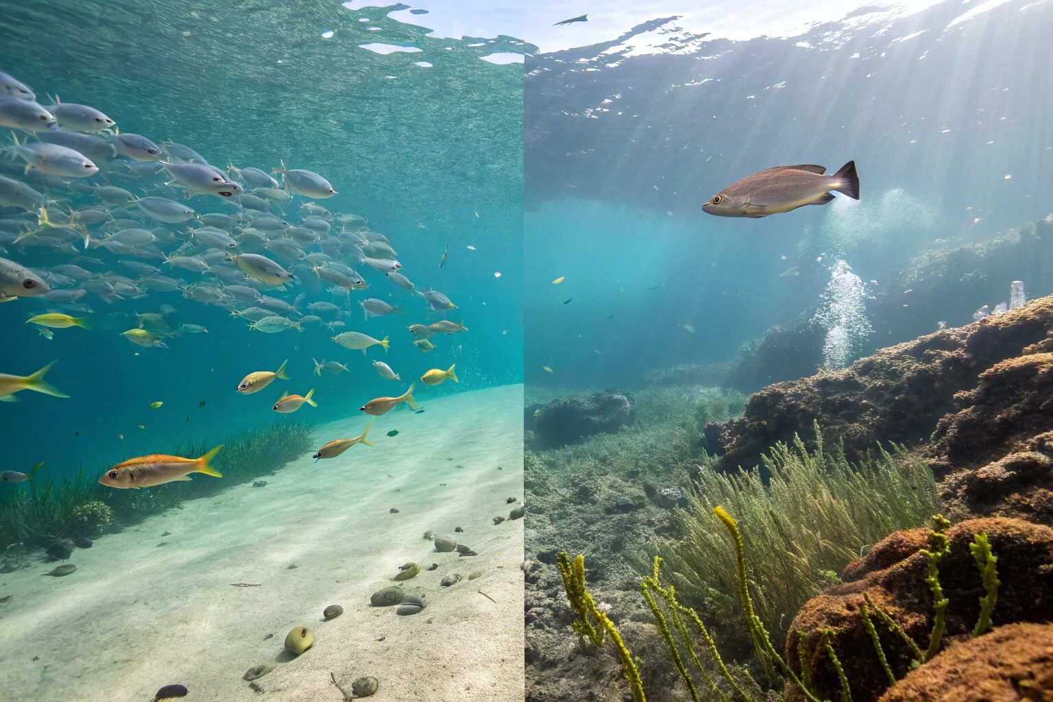 Image contrasting sustainable aquaculture practice with a potential negative impact like water discharge