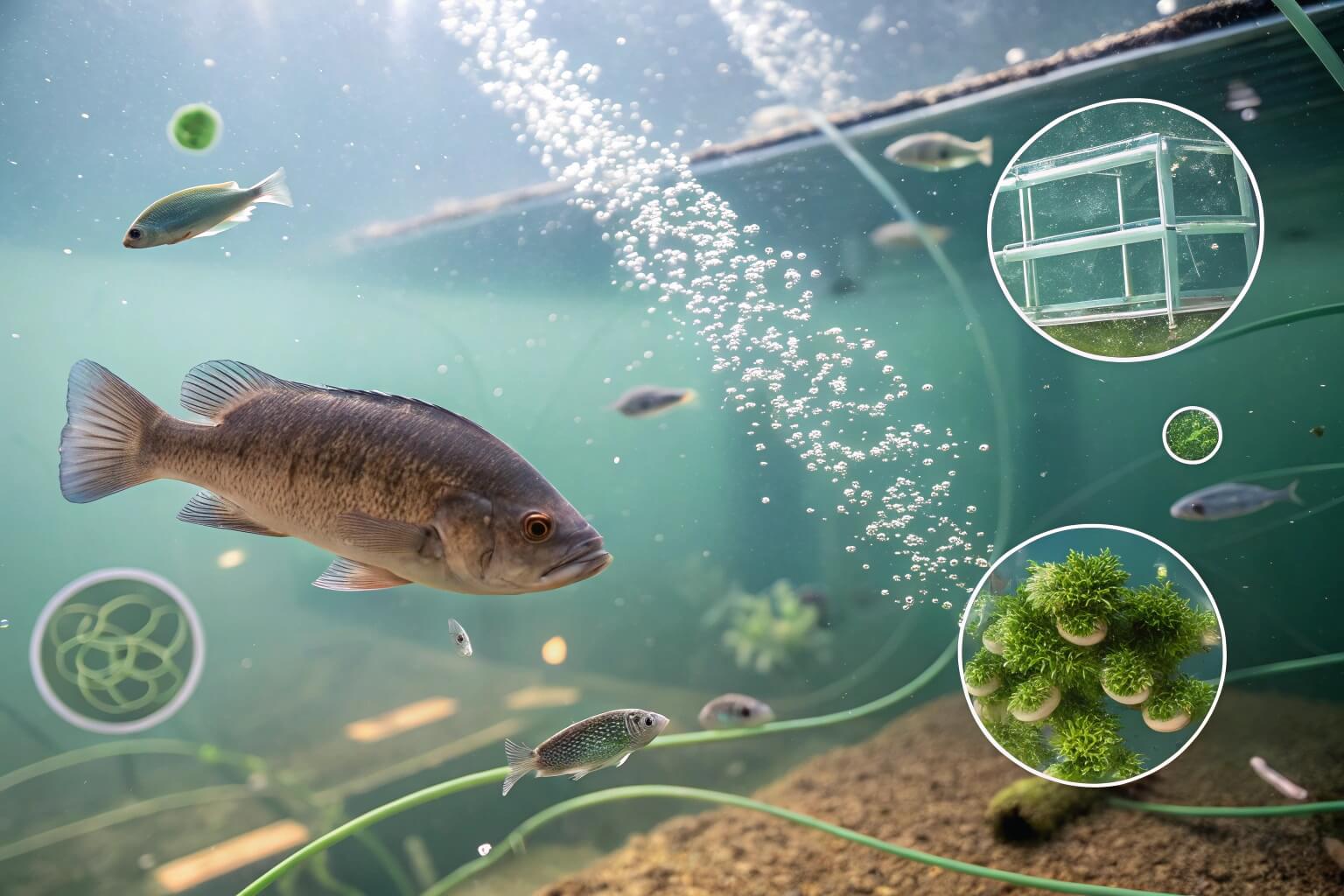 Diagram illustrating the biofloc system principle with fish, bacteria, and flocs