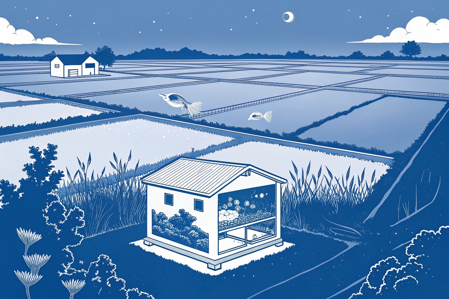 Aerial view comparing small tank-based farm and large pond-based farm