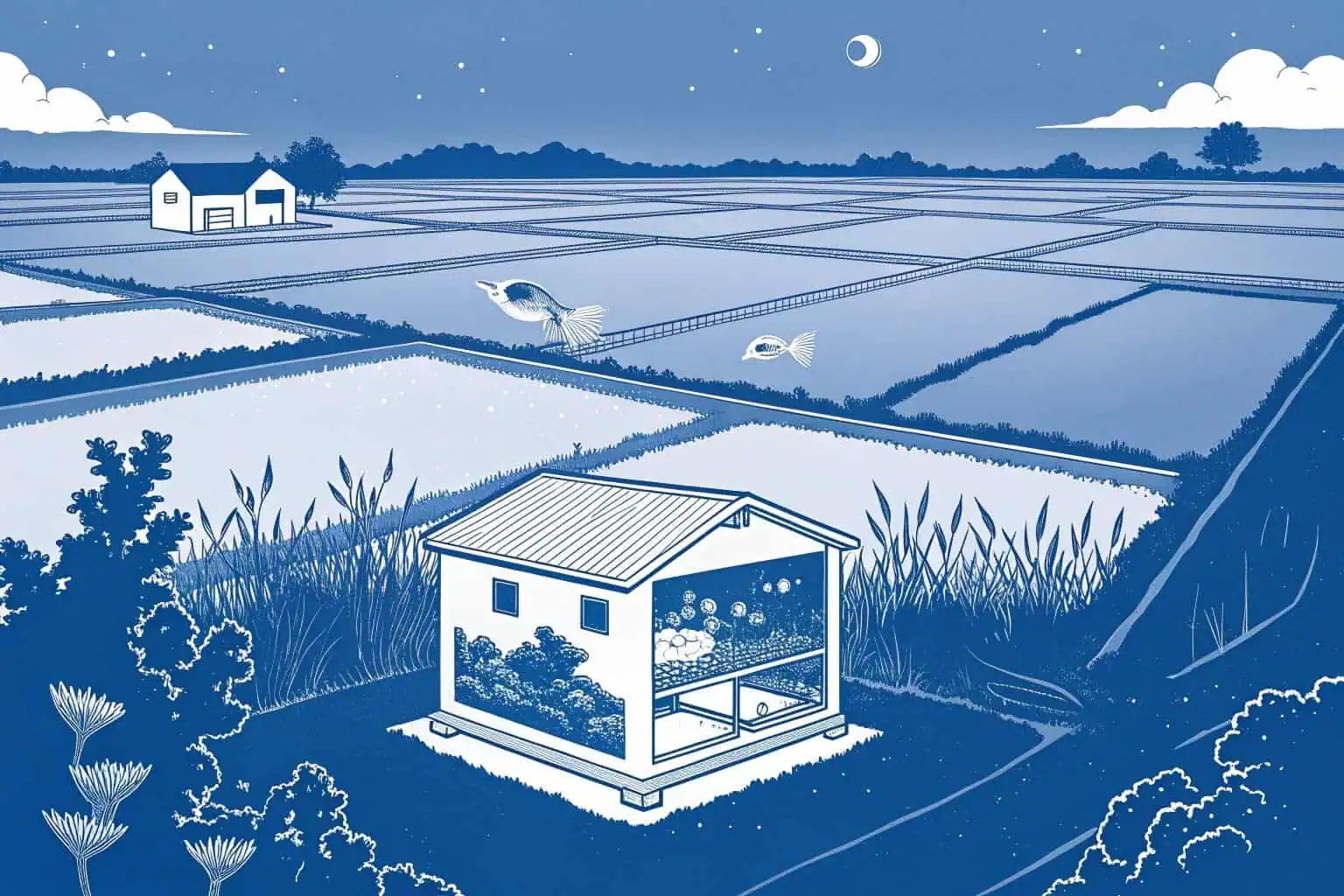 Aerial view comparing small tank-based farm and large pond-based farm