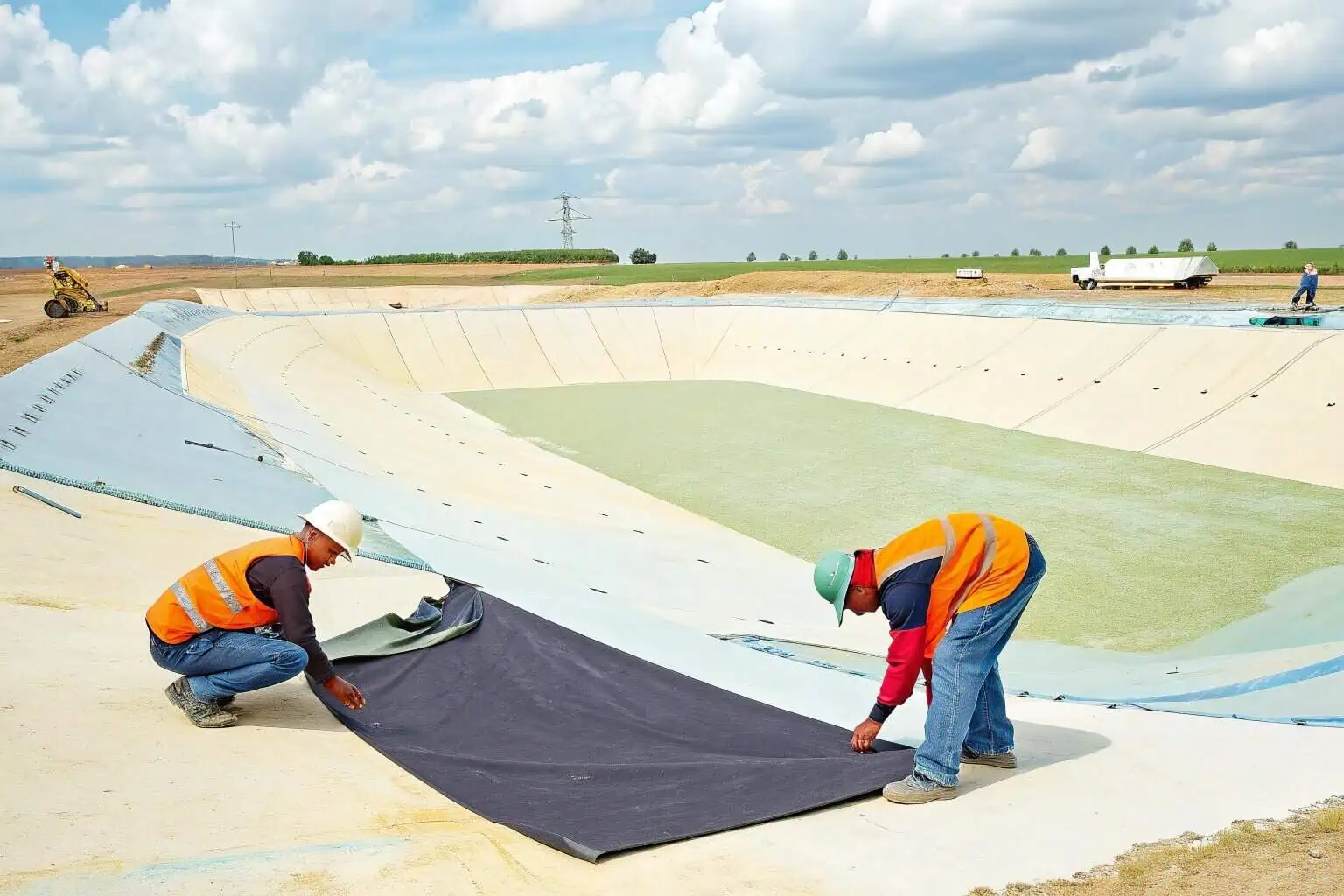 Rolls of pond liner material ready for installation on a large pond