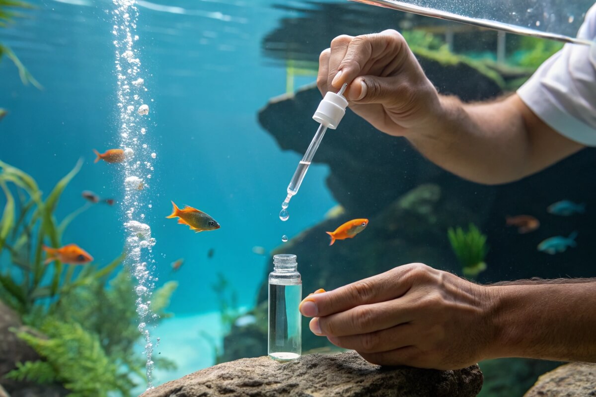 Macro shot of hands carefully using a dropper to add liquid to a small bottle near a fish tank with small orange fish swimming