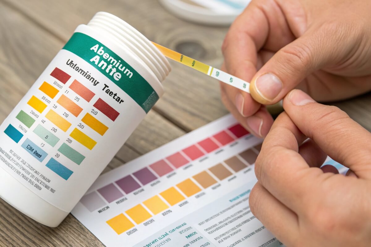 Close-up shot of hands carefully holding a test strip next to a bottle with a color chart for water quality testing, potentially related to aquaculture