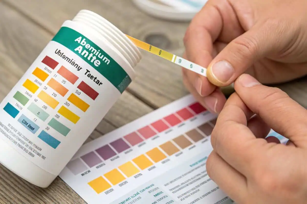 Close-up shot of hands carefully holding a test strip next to a bottle with a color chart for water quality testing, potentially related to aquaculture