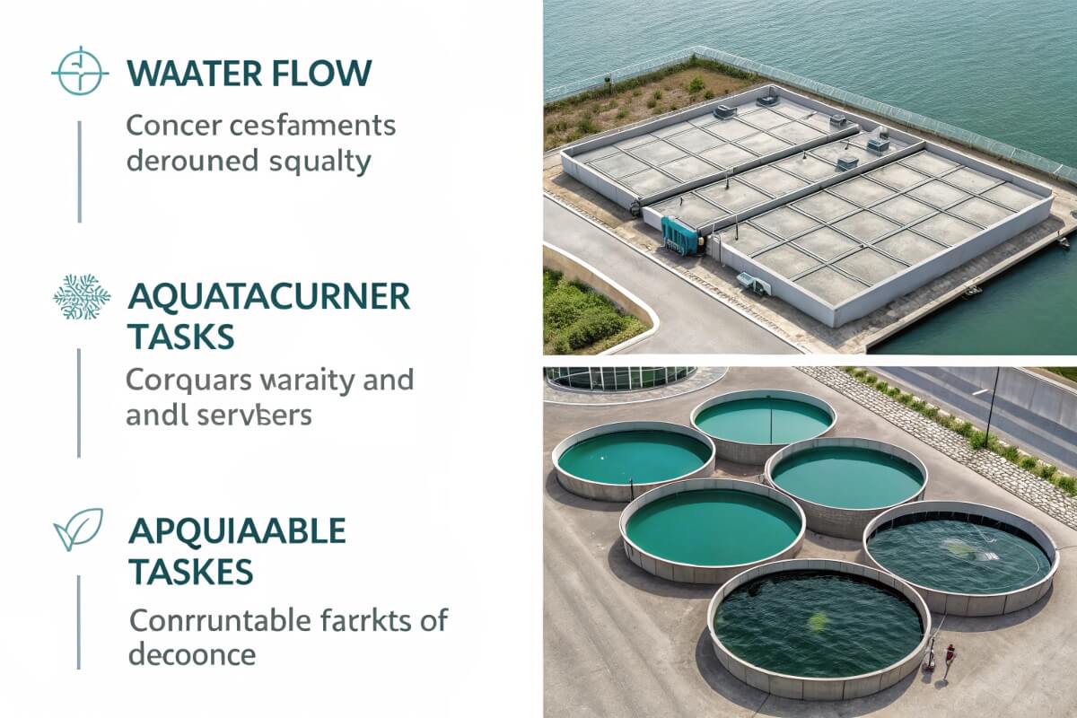 Photos of water treatment facility and large Bancy circular tanks for outdoor fish farming.