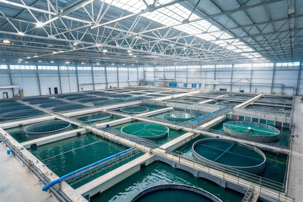 Expansive indoor aquaculture facility featuring numerous Bancy circular fish tanks for commercial production.