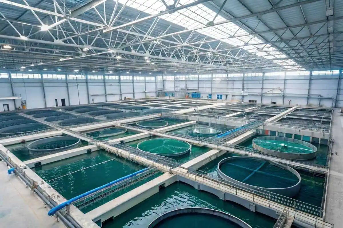 Expansive indoor aquaculture facility featuring numerous Bancy circular fish tanks for commercial production.