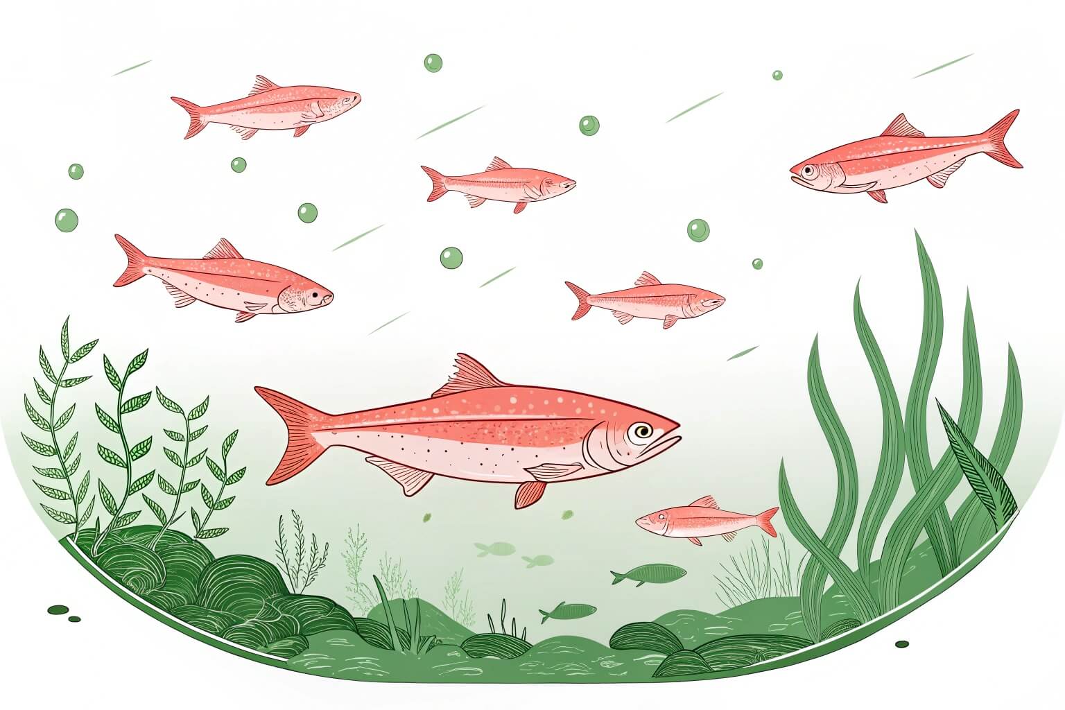 Vibrant illustration of a school of healthy pink fish swimming freely in a clean aquaculture environment with aquatic plants