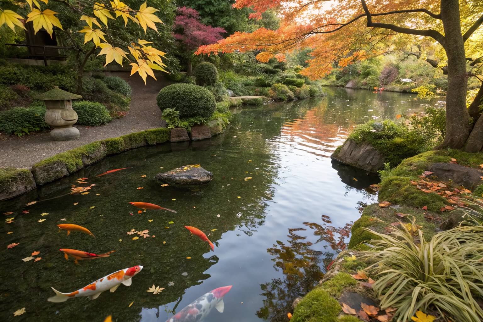 A beautiful pond with clear water and healthy fish swimming, late autumn scene