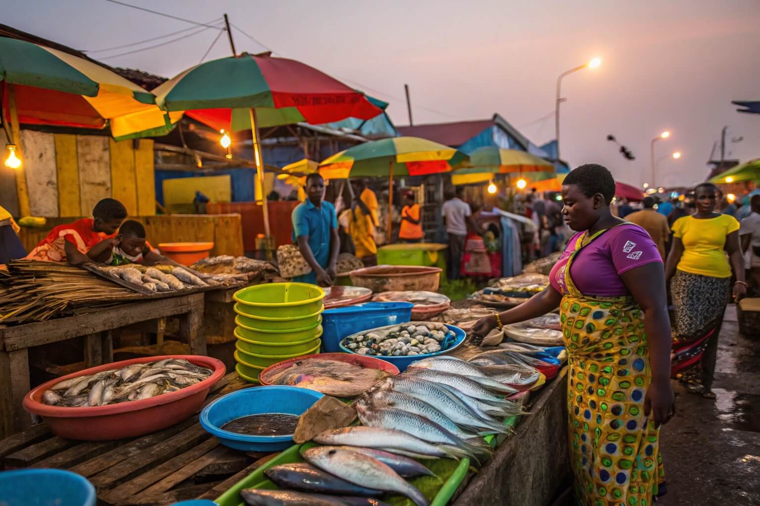 Various imported fish species at a Ghanaian market