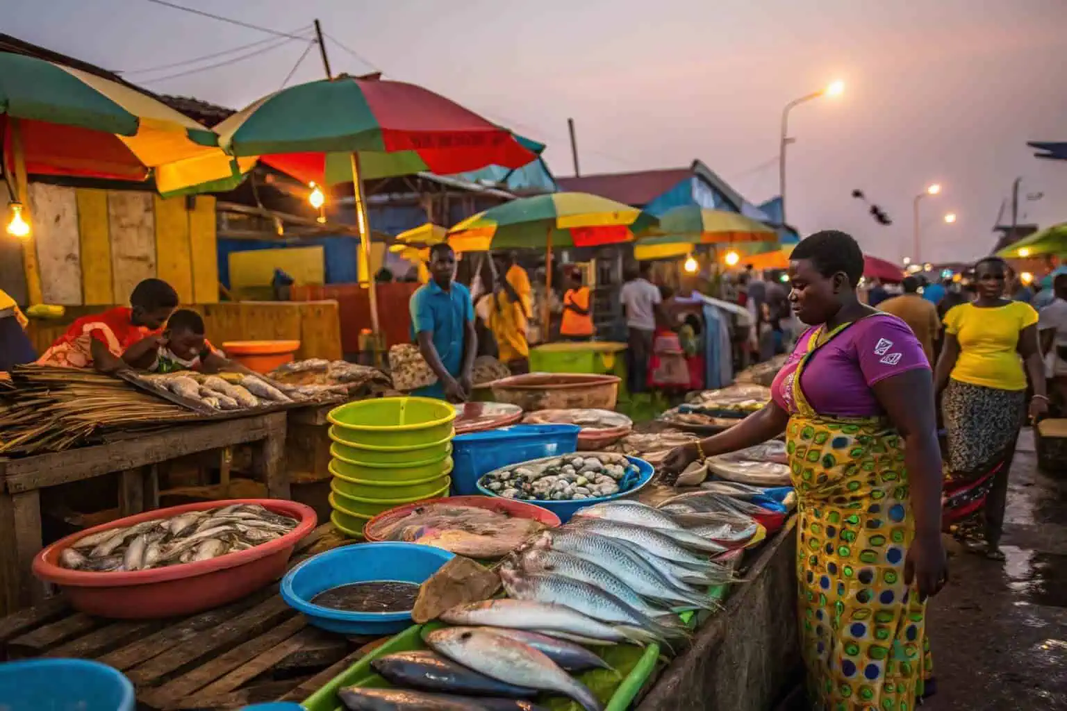 Various imported fish species at a Ghanaian market