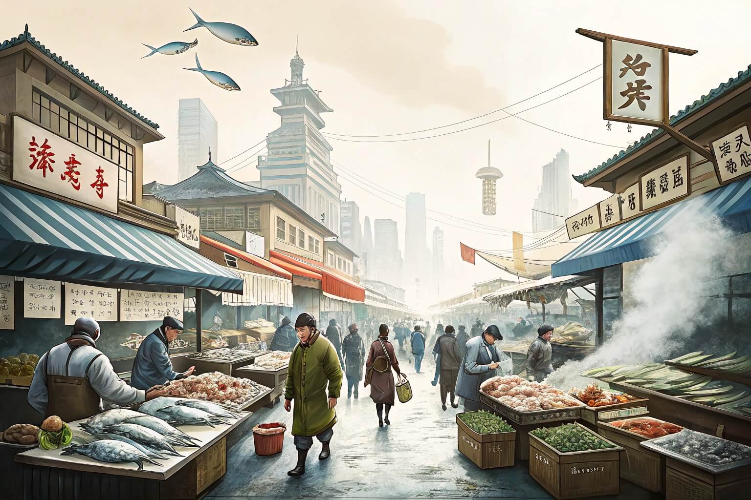 Busy fish market in Asia