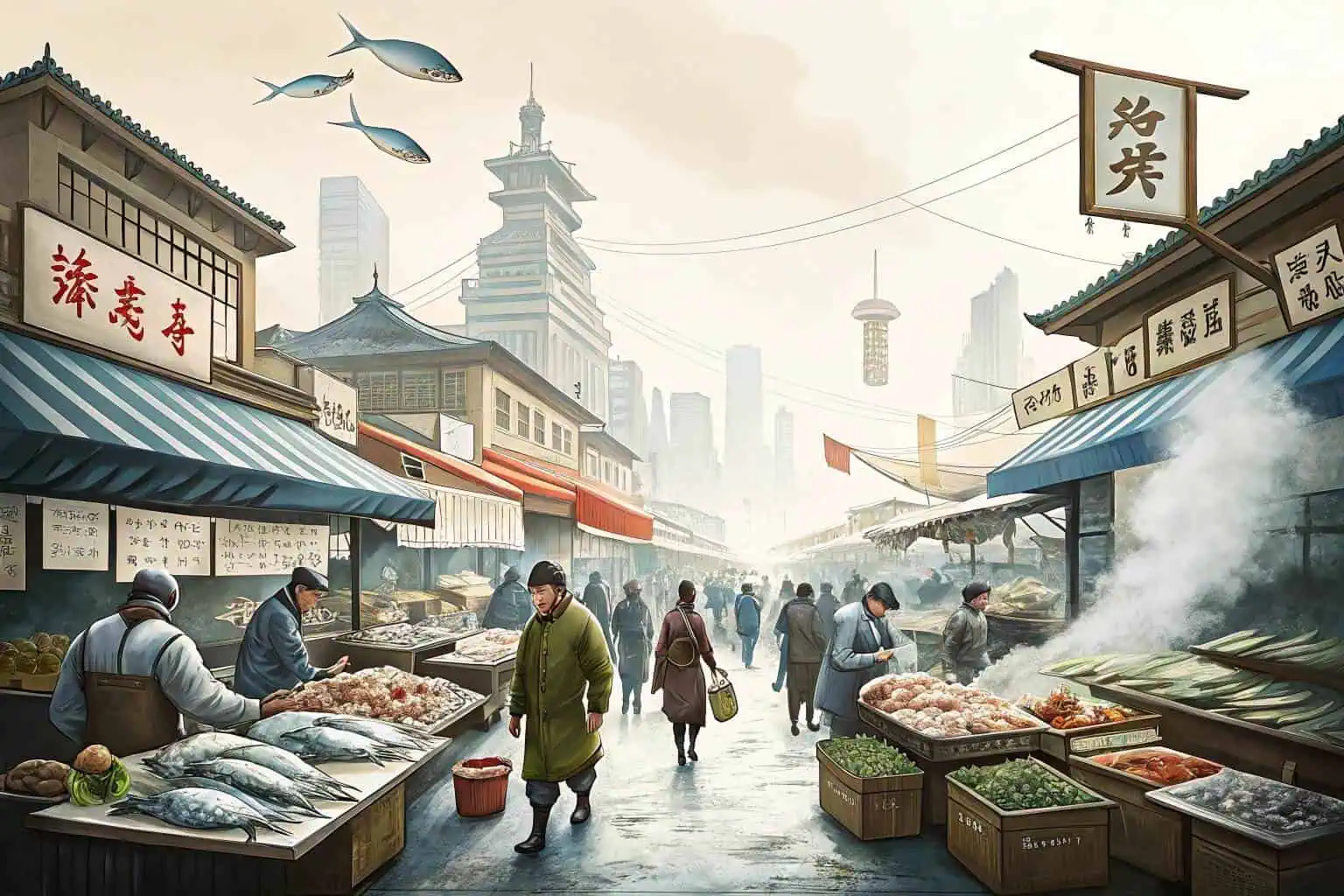Busy fish market in Asia