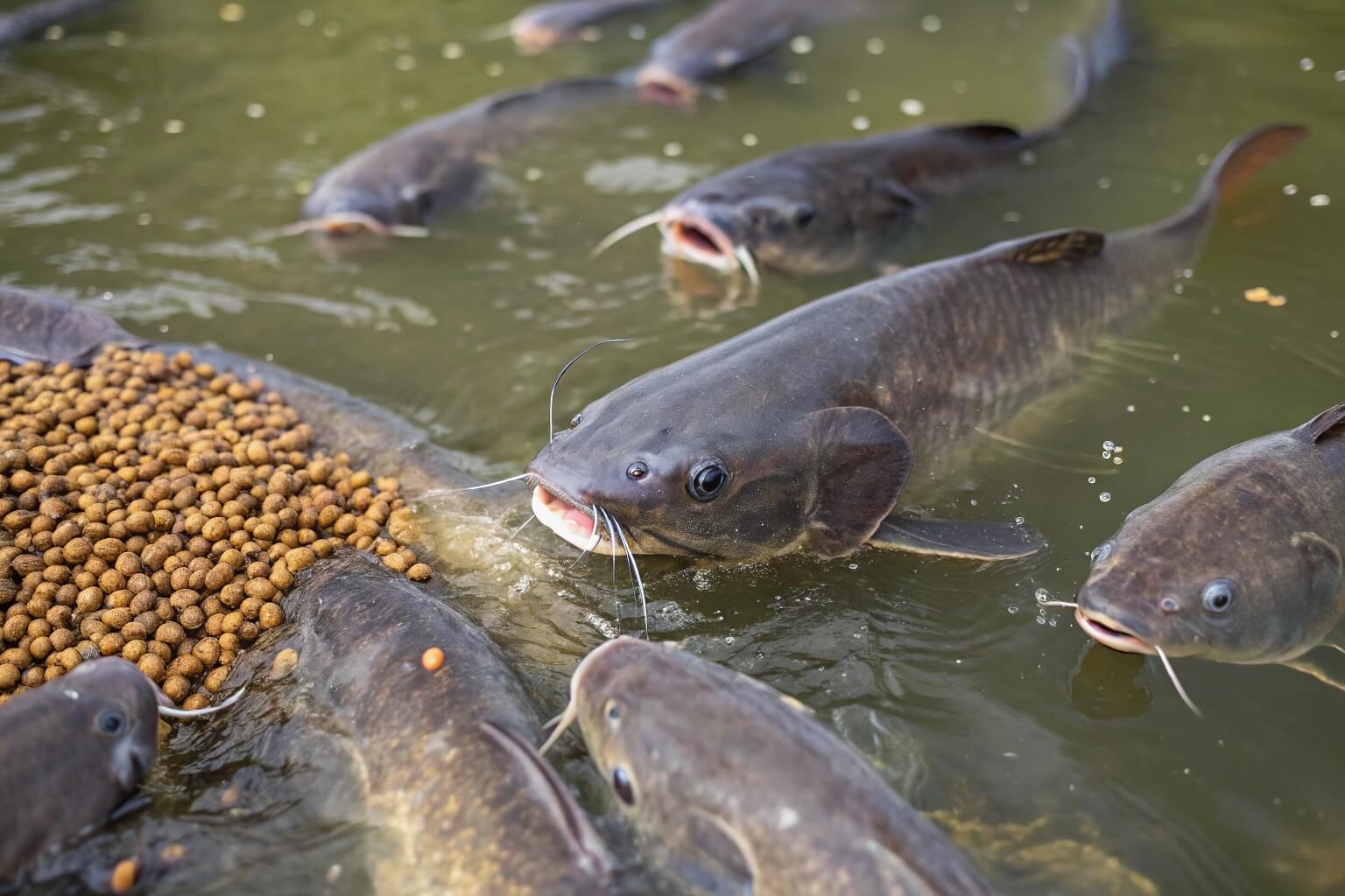 Close-up of catfish feeding in a pond or tank