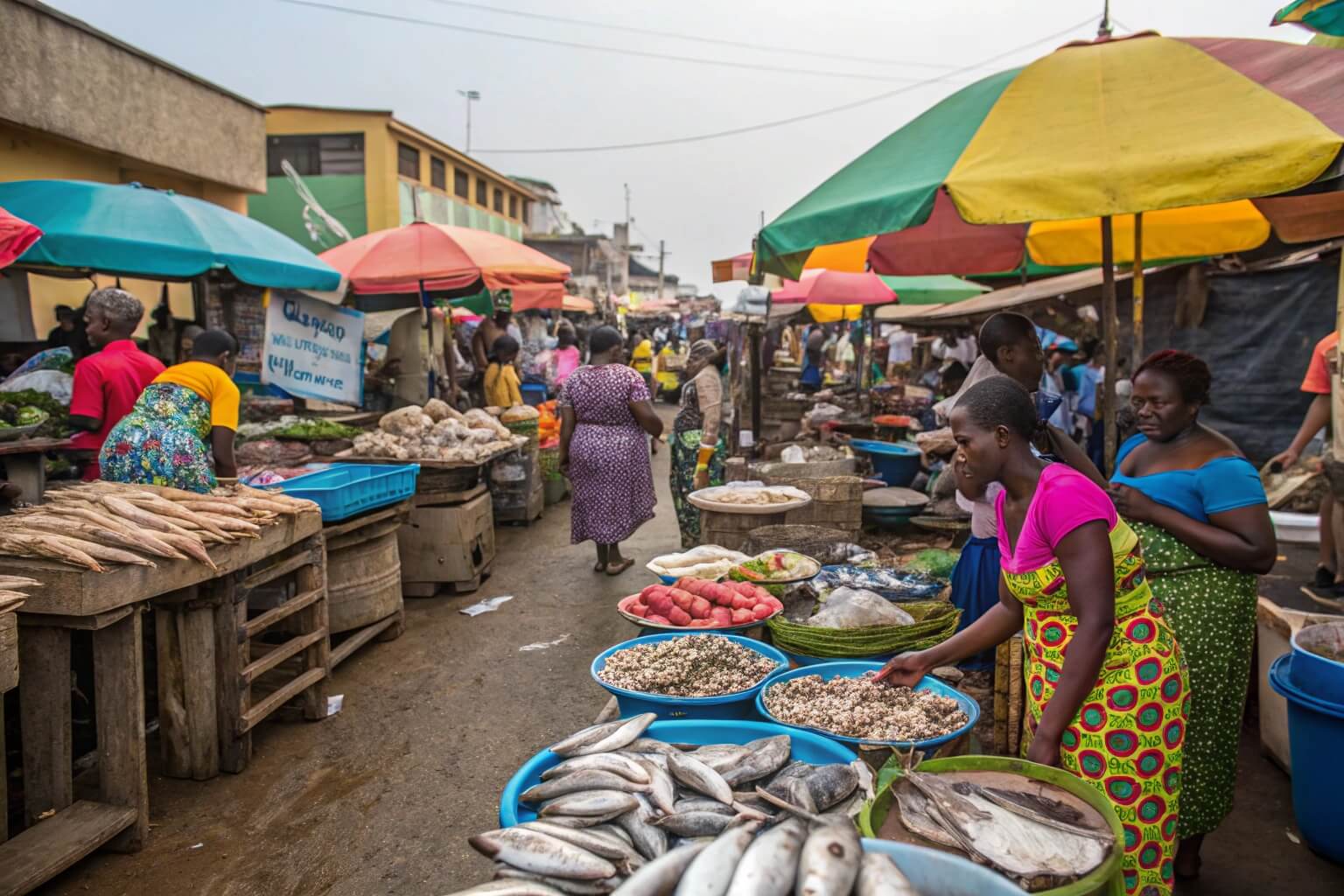 Various types of fish displayed at a Ghanaian market stall