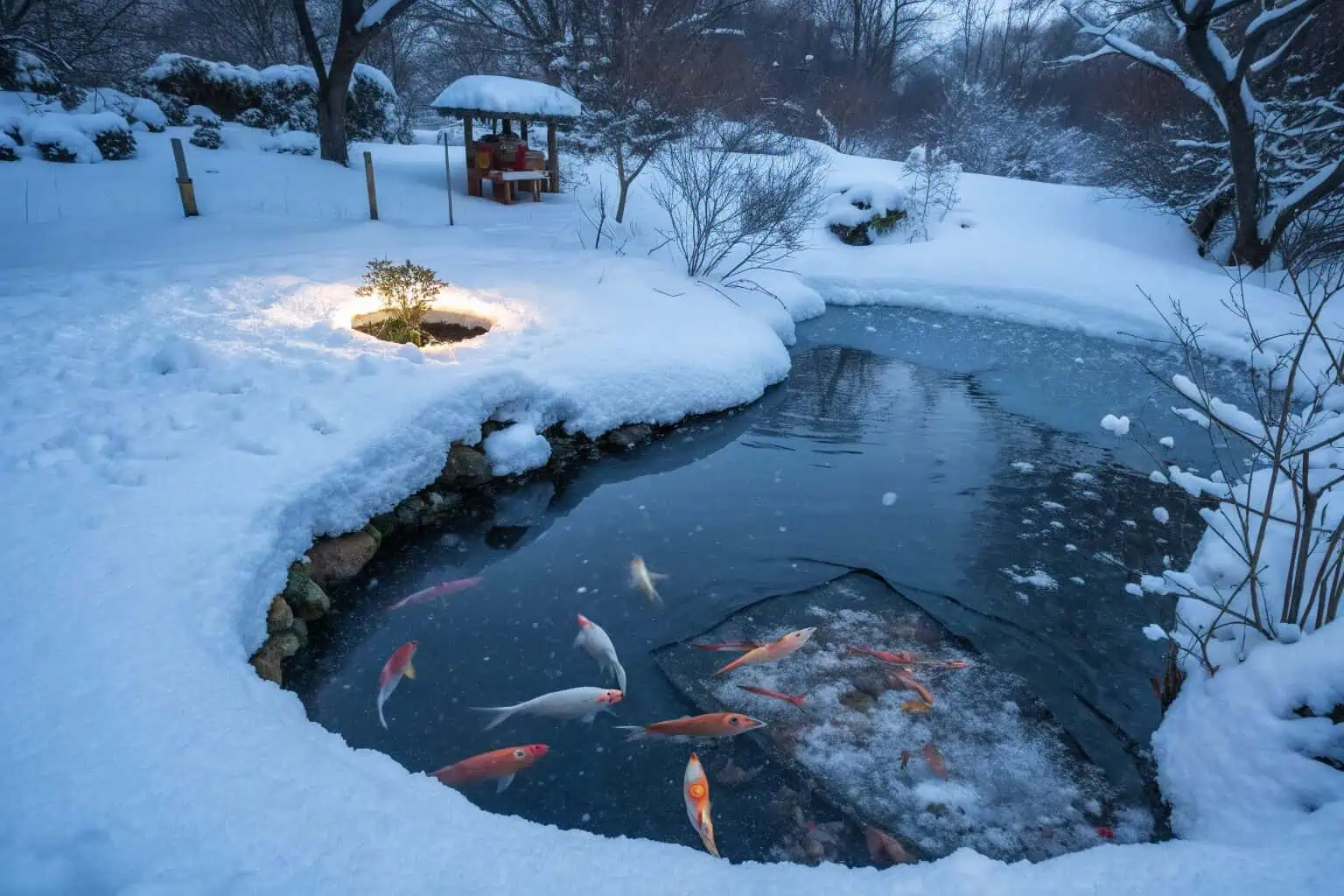 alt with keywords: fish swimming under a layer of ice in a winter pond