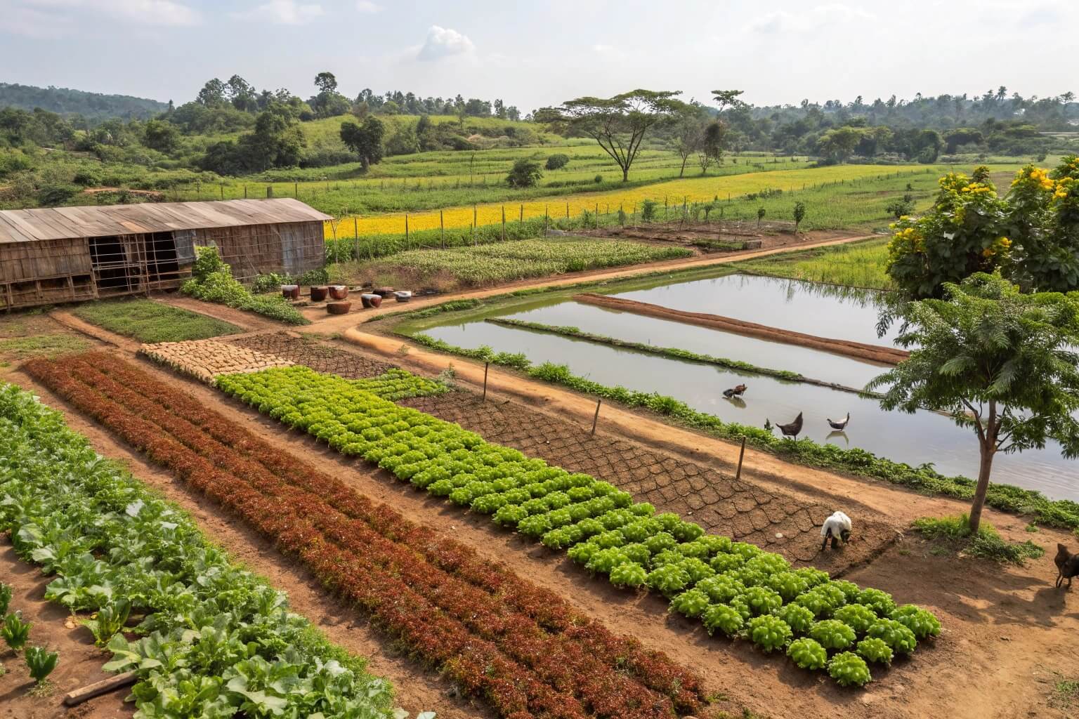 A diverse Ghanaian farm showcasing various crops and livestock