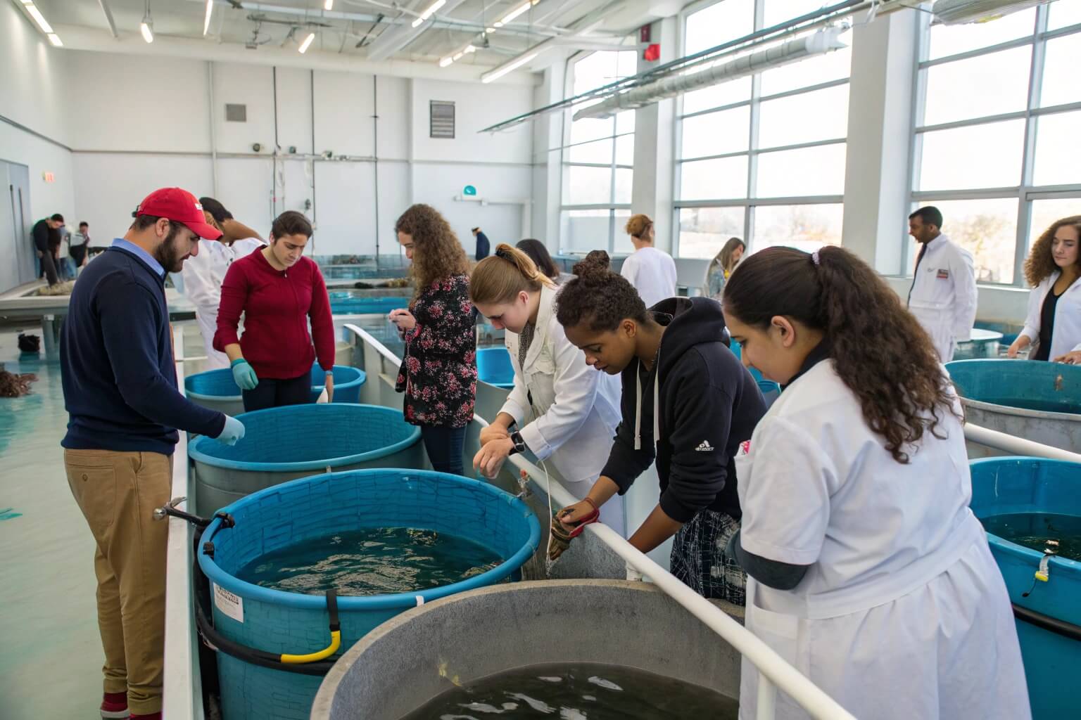 Students learning about aquaculture in a practical setting
