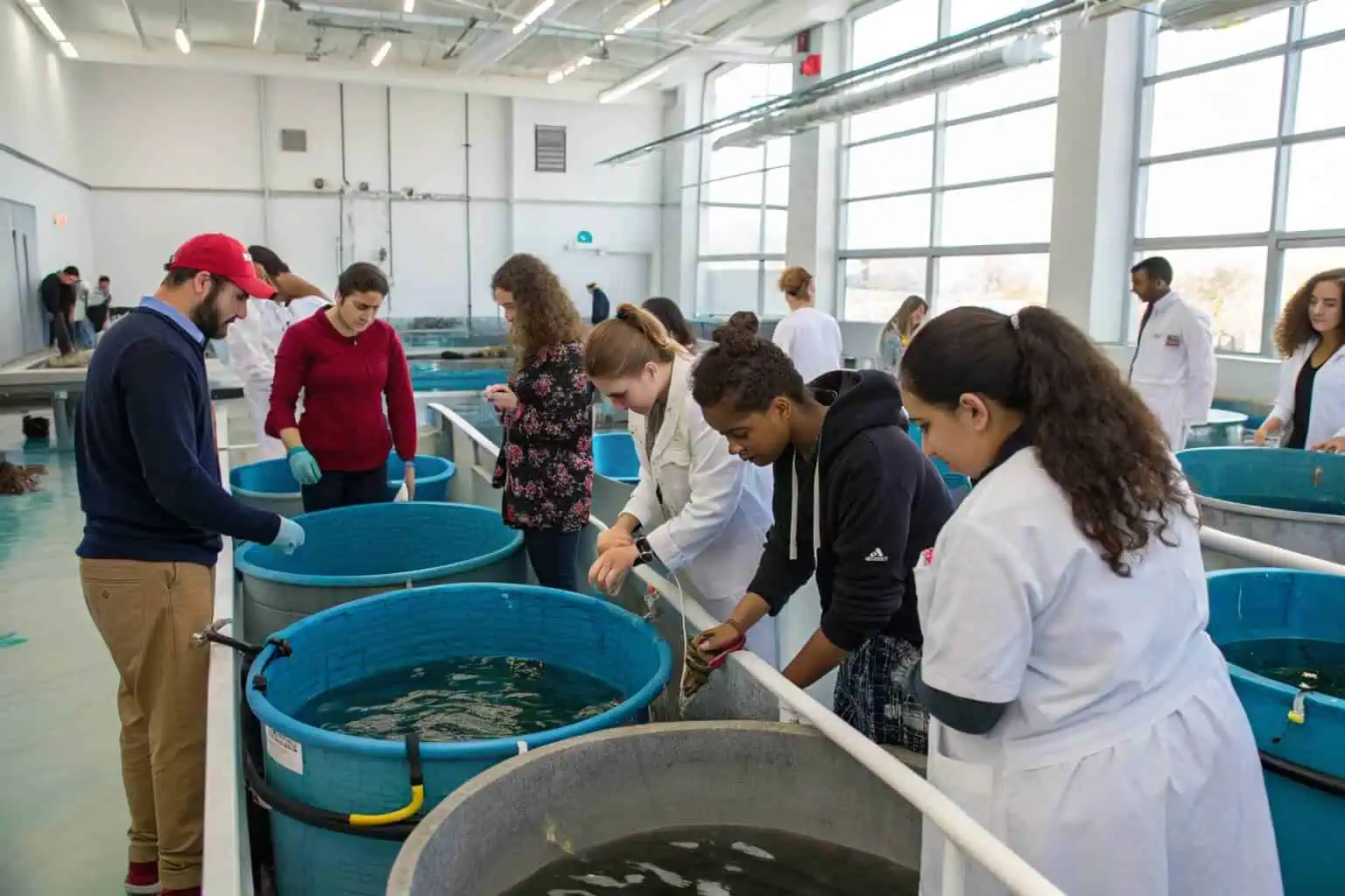 Students learning about aquaculture in a practical setting