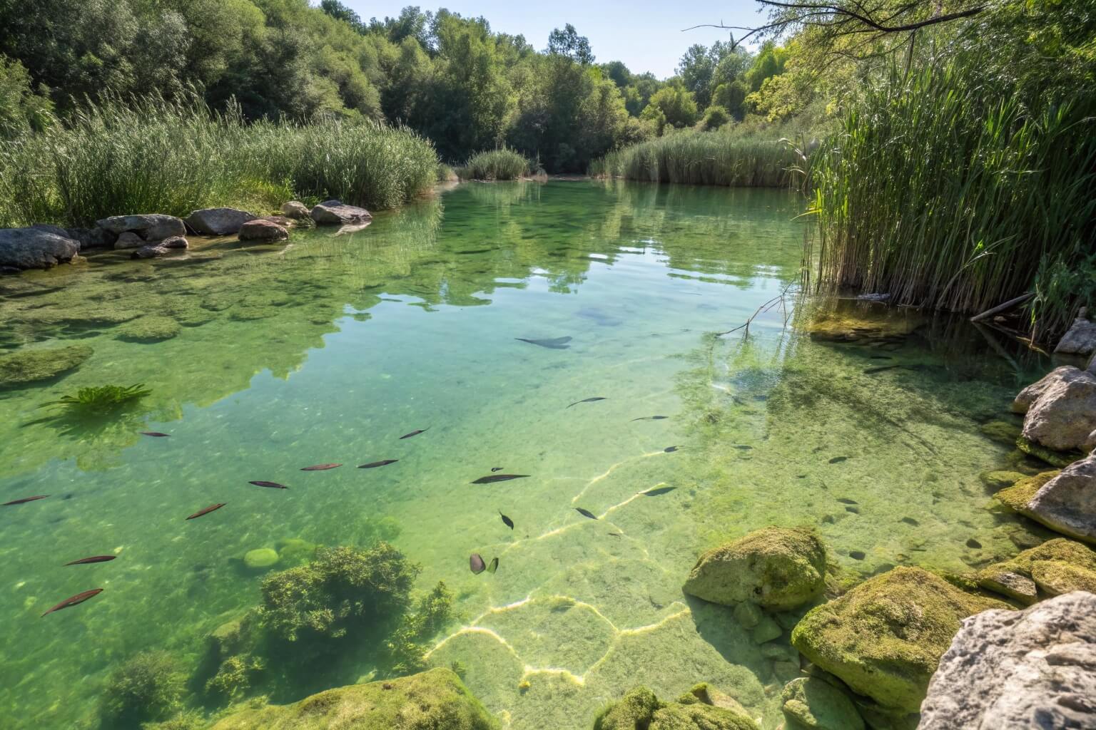 Clear water in a well-maintained Bancy fish pond with lush green surroundings