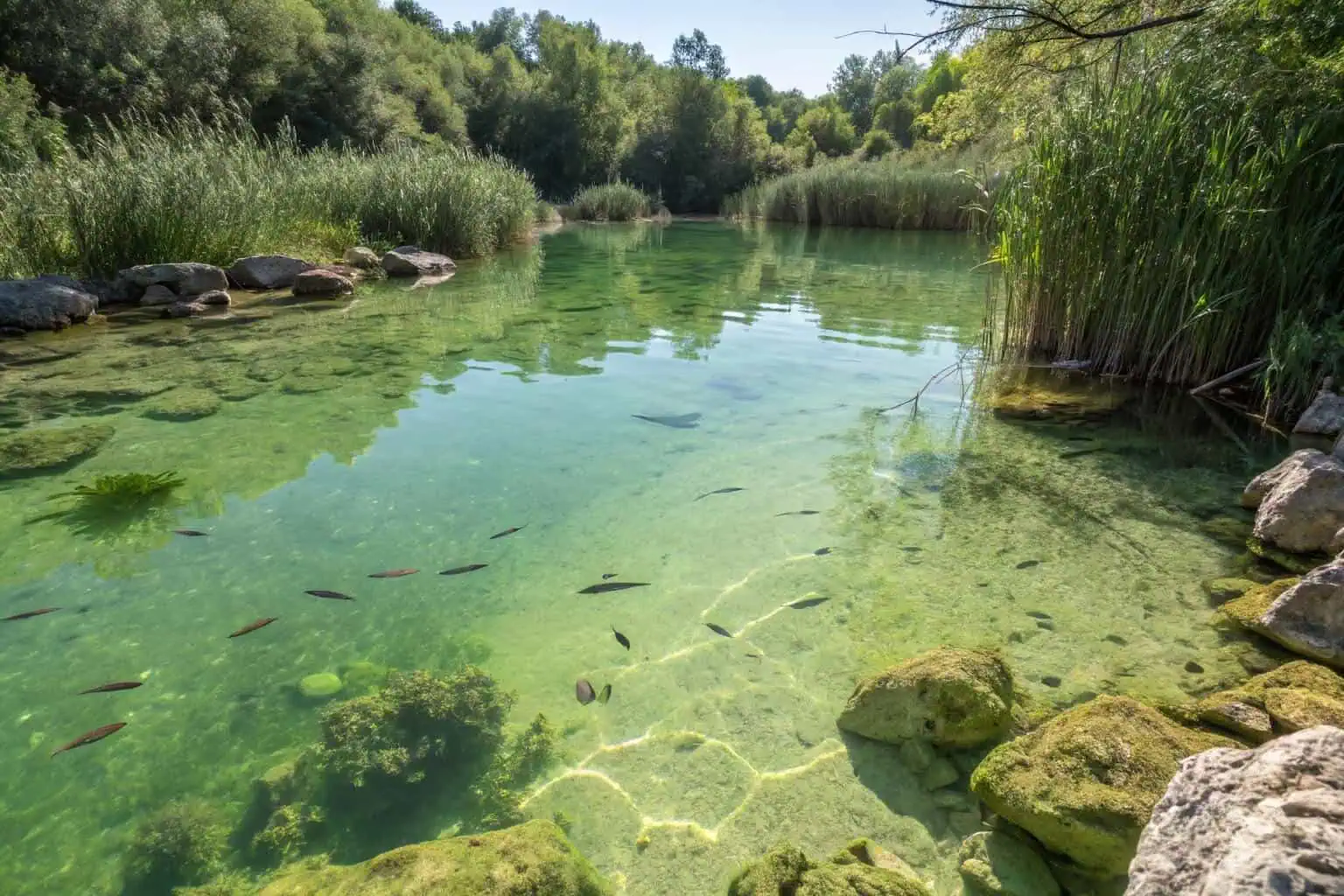 Clear water in a well-maintained Bancy fish pond with lush green surroundings