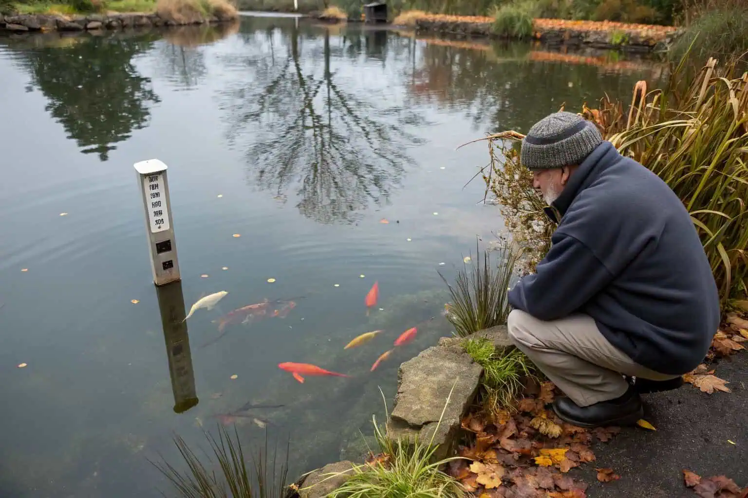 A pond thermometer showing a cool water temperature near 10°C