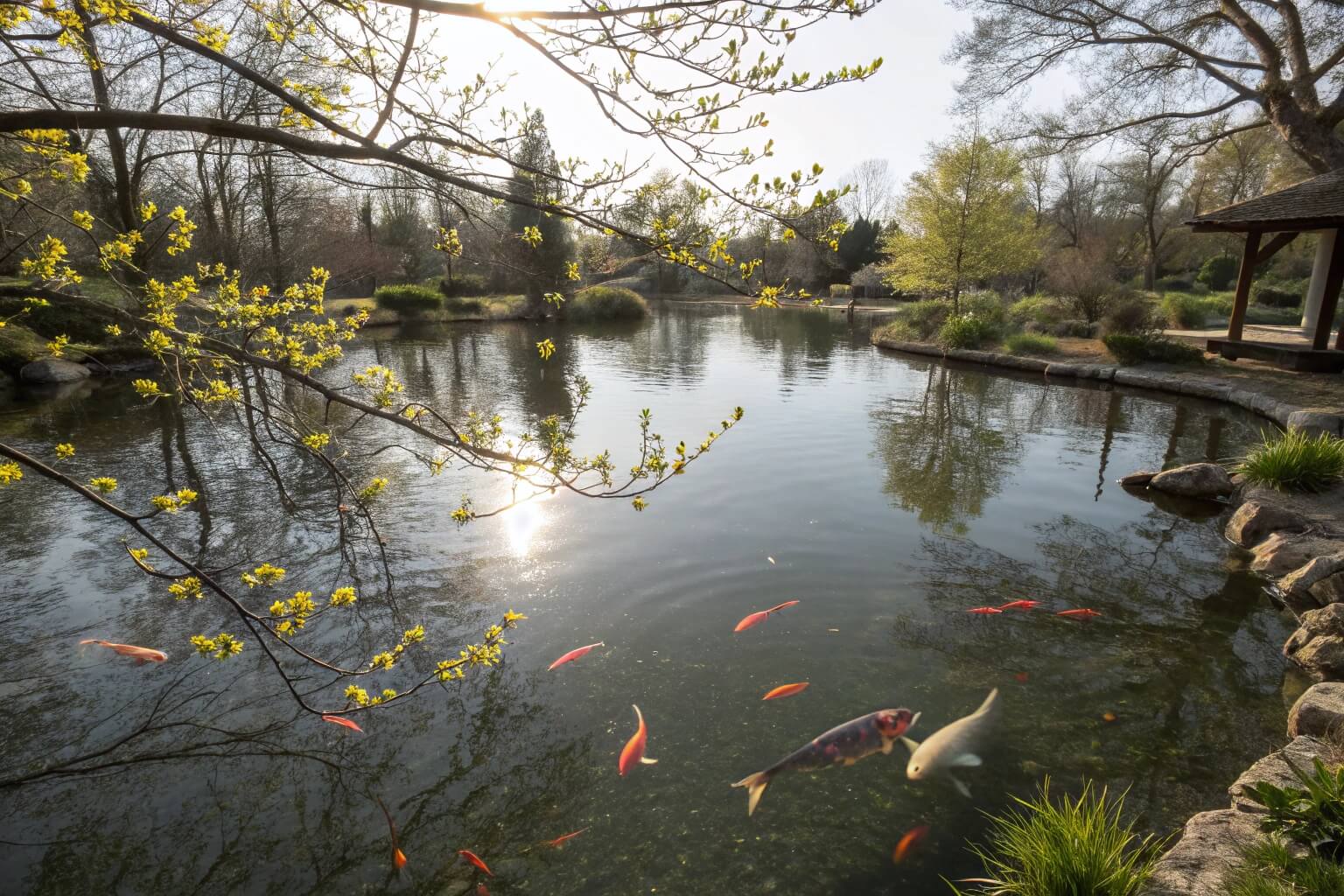 Koi fish swimming in a clear pond with spring plants